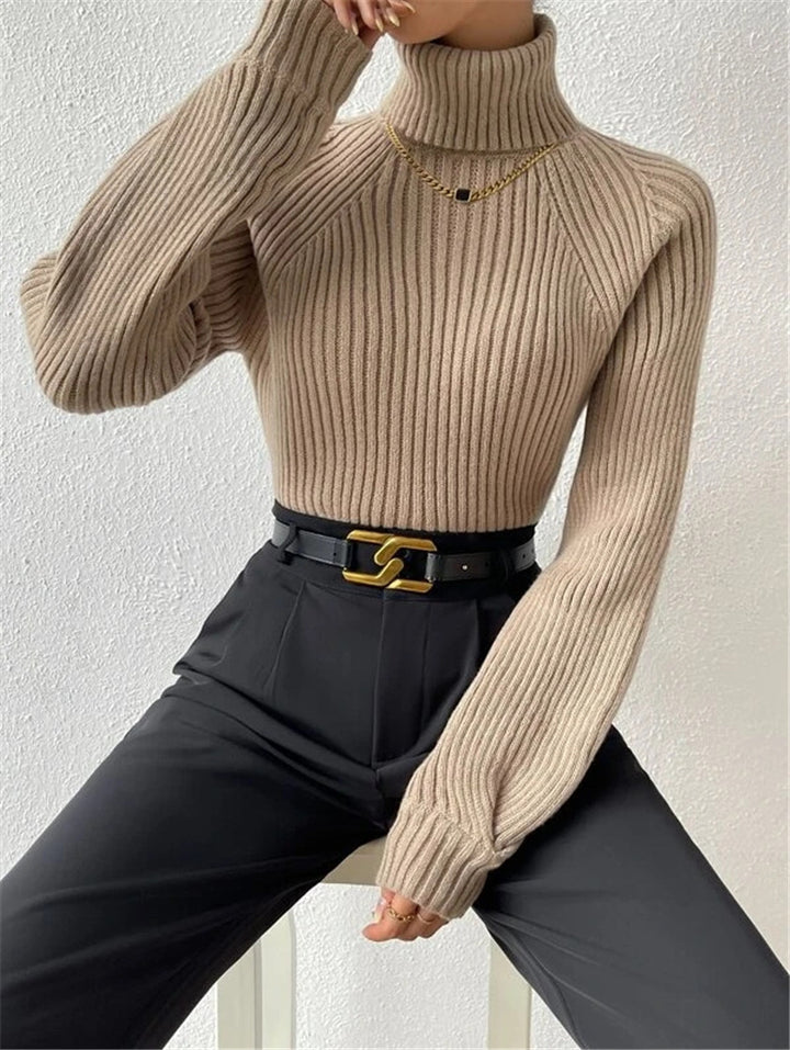 Damen figurbetonter Pullover mit Rippstruktur und Stehkragen Drune
