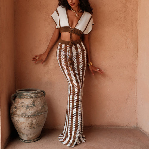 Damen stylisches Crop-Top und weite Palazzo-Hose Set Drune