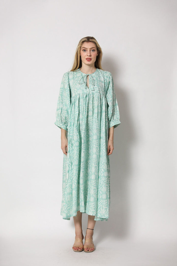 Damen Maxi-Kleid mit voluminösen Ärmeln und raffiniertem Bindungsdetail Drune