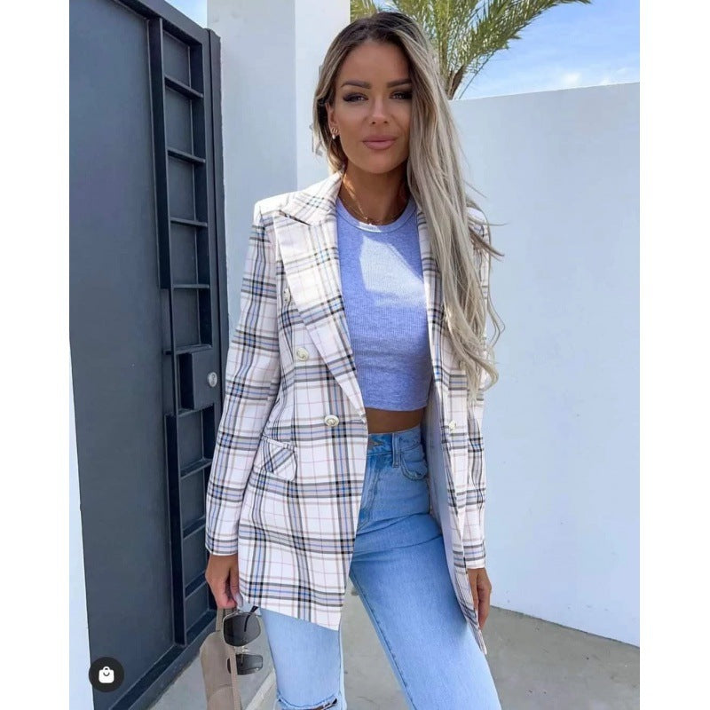 Damen Karierter Blazer mit doppelter Knopfreihe und eleganten Details Drune