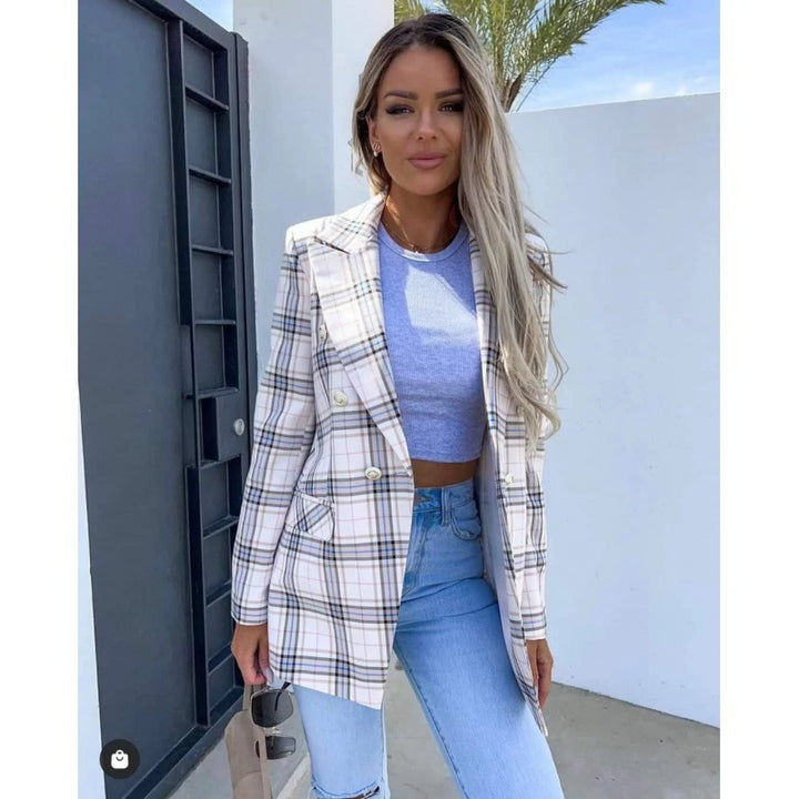 Damen Karierter Blazer mit doppelter Knopfreihe und eleganten Details Drune