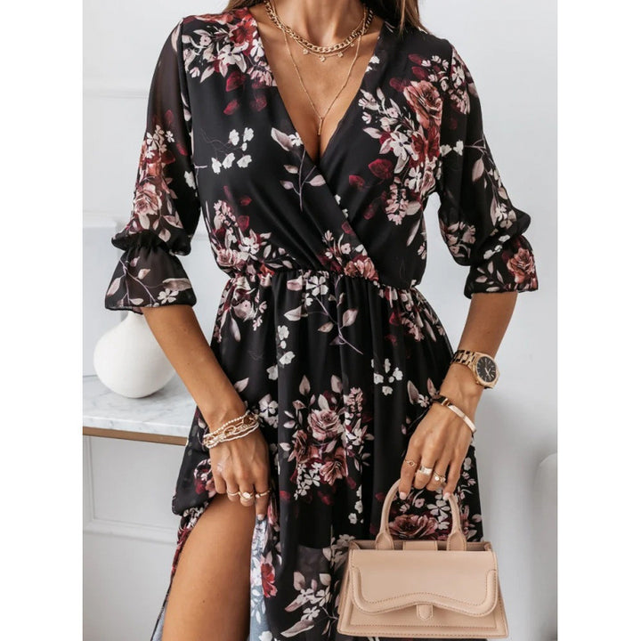 Damen elegantes Maxikleid mit animalischen Mustern und modischem Schlitz Drune