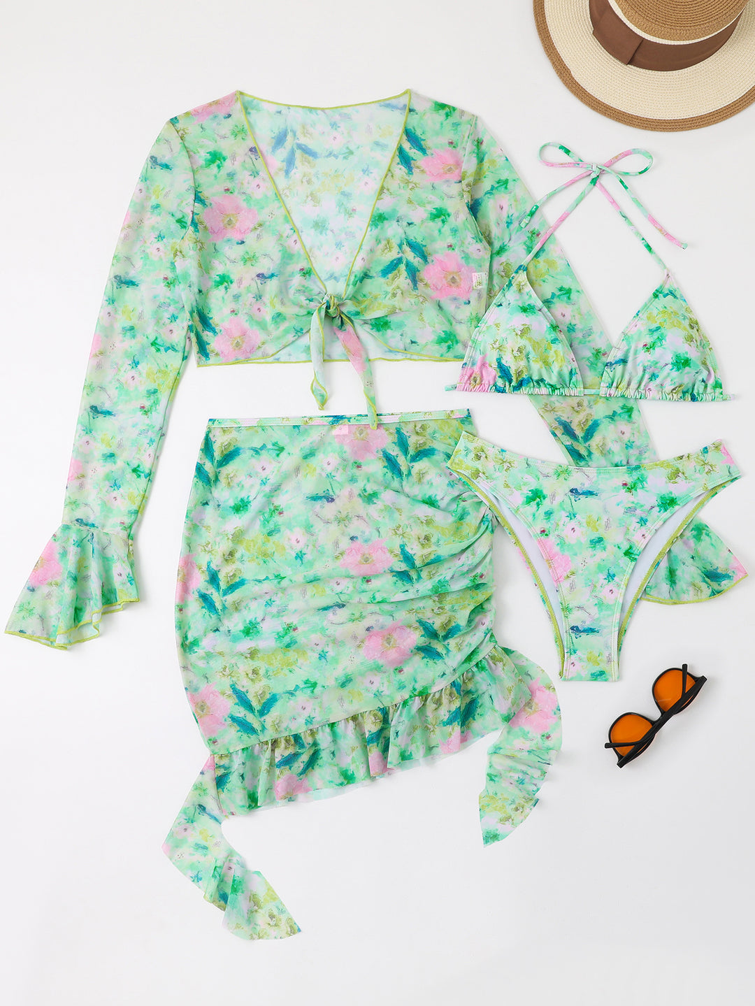 Damen Badeset mit floralem Design, kurzem Oberteil und Wickelrock Drune