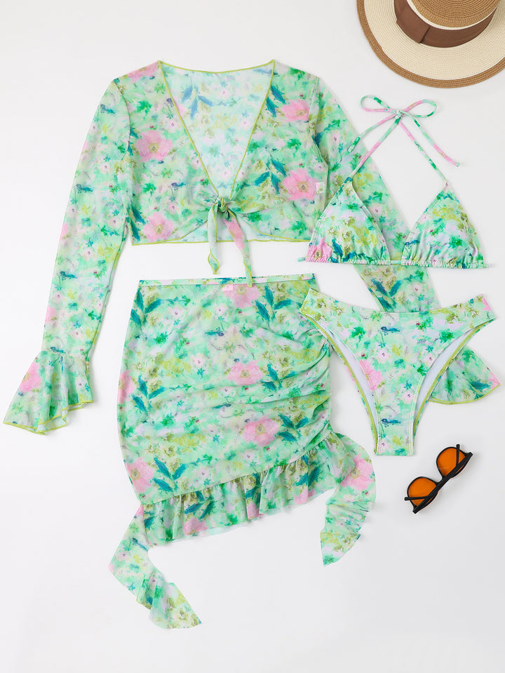 Damen Badeset mit floralem Design, kurzem Oberteil und Wickelrock Drune