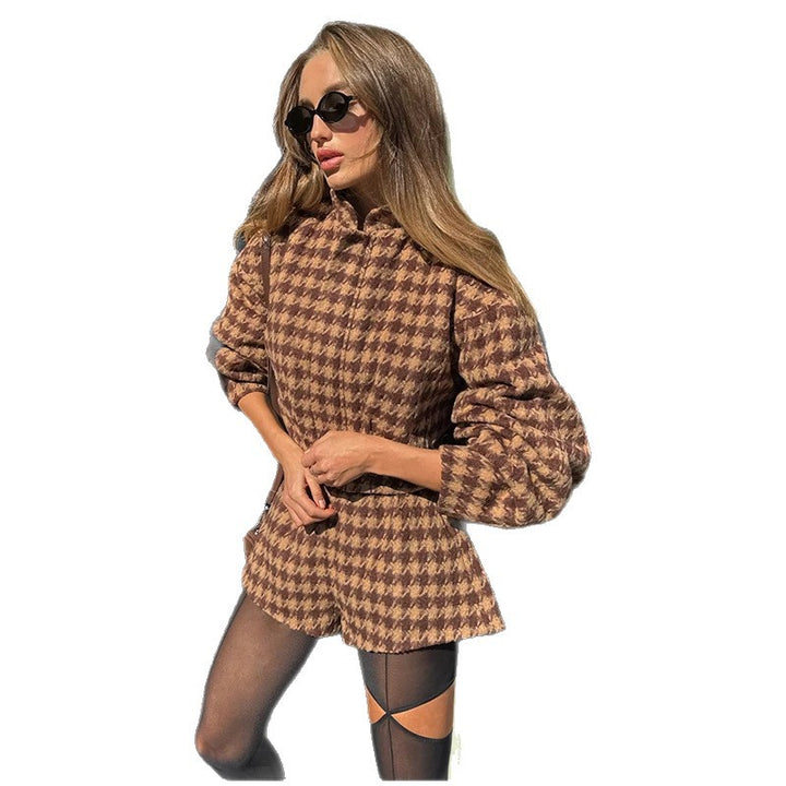 Damen Modische Jacke mit Puffärmeln und Karomuster Drune