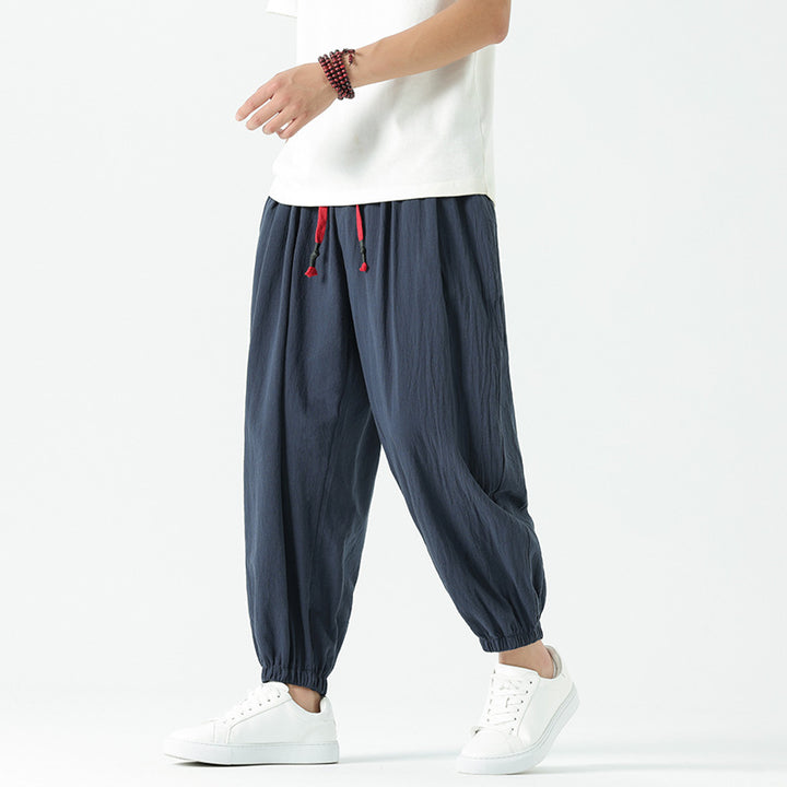 Herren nan locker geschnittene Leinen-Baumwoll Hose mit Kordelzug und elastischen Bündchen Drune