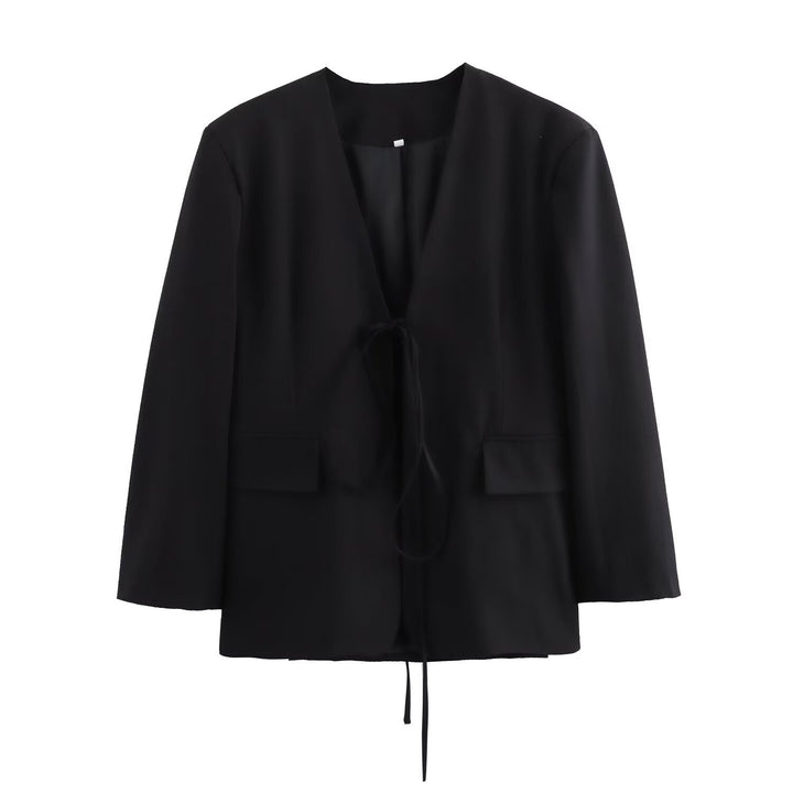 Damen nan kastenförmiger Blazer mit tiefem V-Ausschnitt, Bindebandverschluss und Pattentaschen Drune