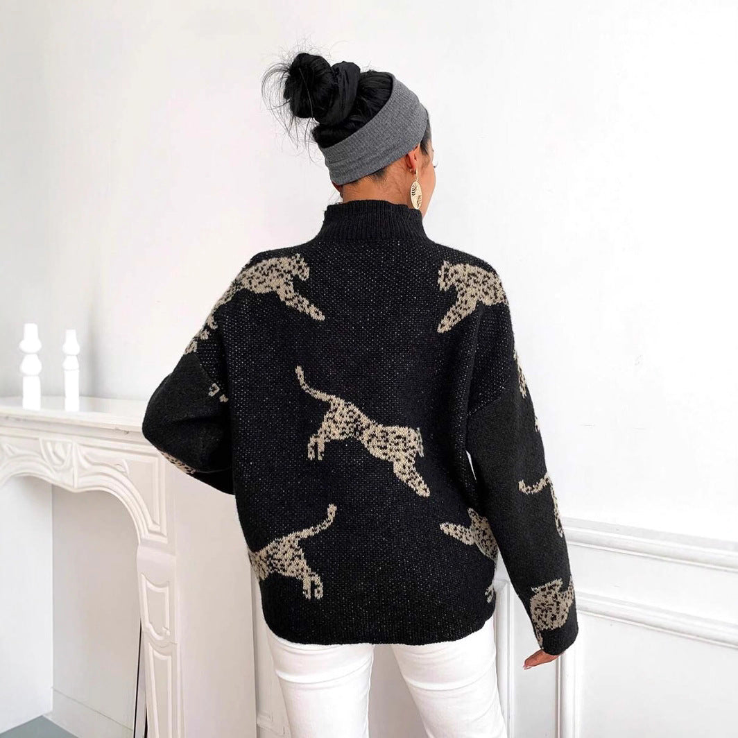 Damen Strickpullover mit kreativem Tiermotiv und hohem Kragen Drune