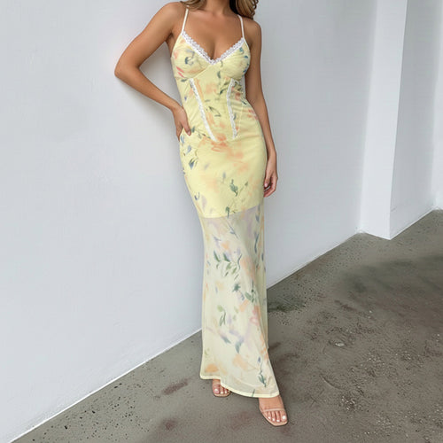 Damen Blumen Maxikleid mit raffinierten Spaghettiträgern und Spitzen-Akzenten Drune