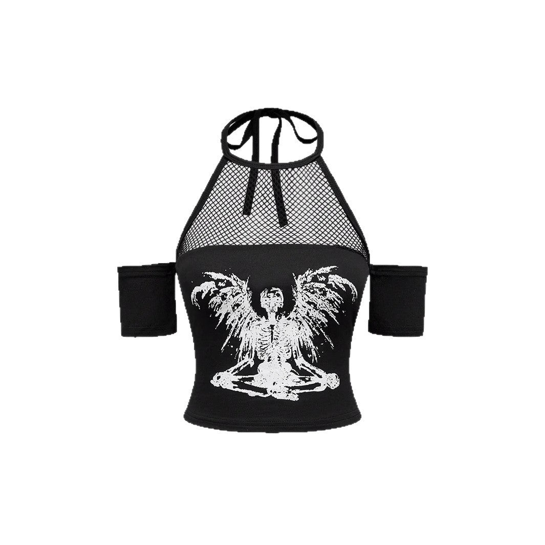 Damen Trendiges Crop-Top mit Netzdetails und originellem Grafiklitz Drune