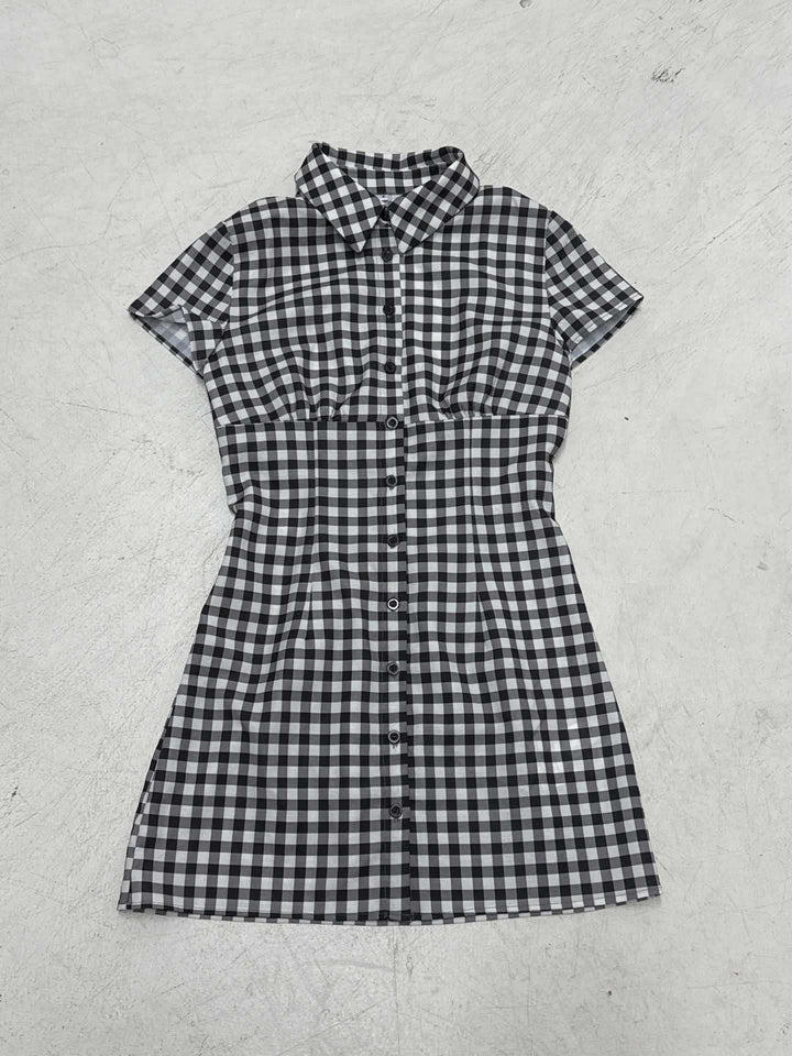 Damen Hemdblusenkleid im klassischen Karomuster mit tailliertem Schnitt und kurzen Ärmeln Drune