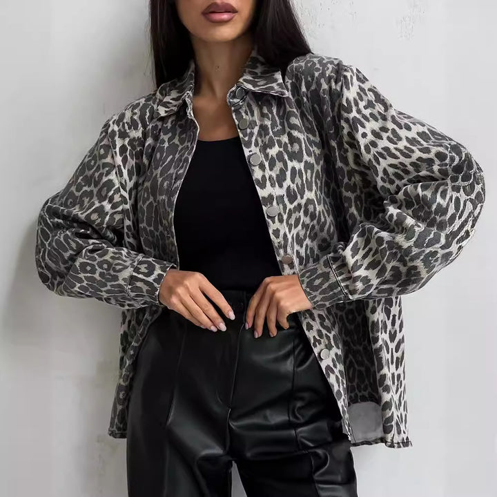 Damen Trendige Oversized Jeansjacke mit Leopardenmuster Drune