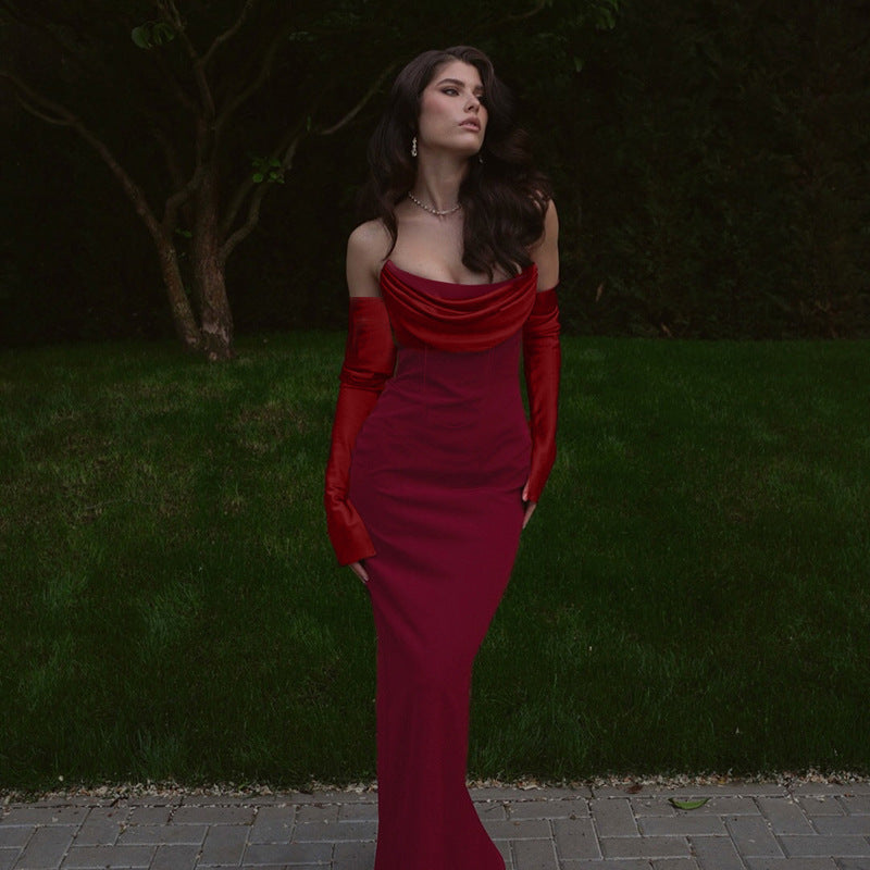 Damen Langarm Abendkleid mit elegantem Wasserfall-Ausschnitt und figurbetontem Schnitt Drune