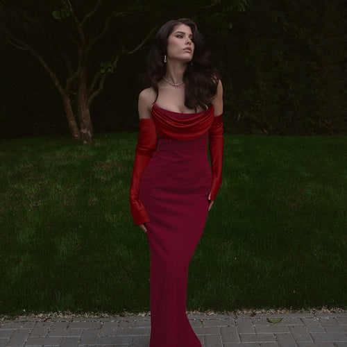 Damen Langarm Abendkleid mit elegantem Wasserfall-Ausschnitt und figurbetontem Schnitt Drune