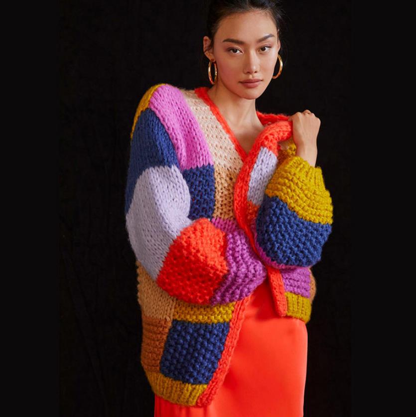 Damen Grobstrick-Cardigan mit buntem Patchwork-Design Drune