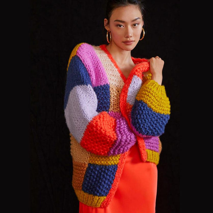 Damen Grobstrick-Cardigan mit buntem Patchwork-Design Drune