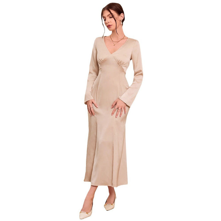 Damen elegantes Satin-Kleid mit V-Ausschnitt und langem Arm Drune