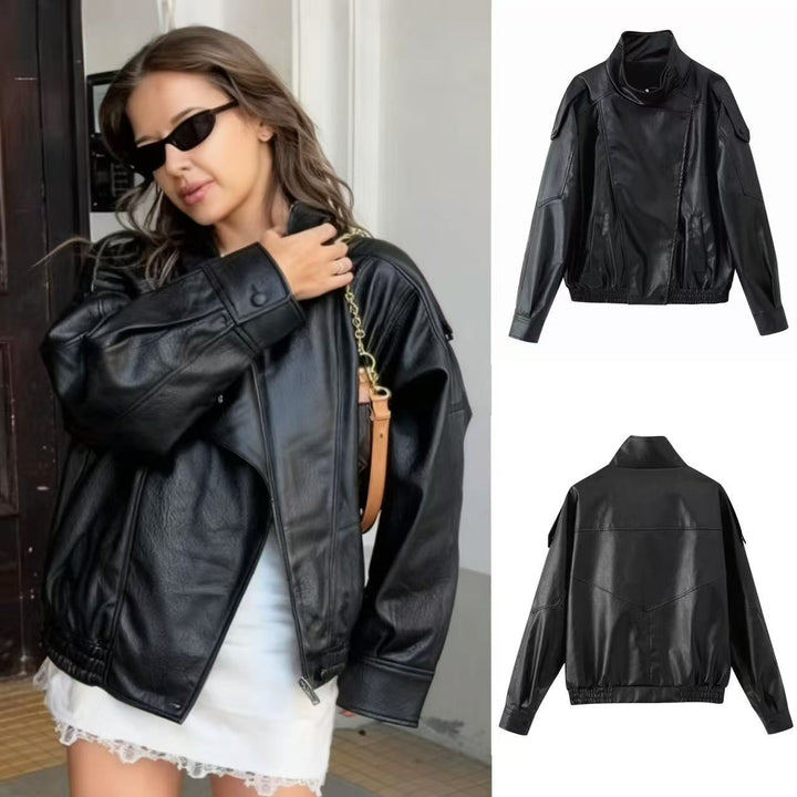 Unisex nan weite Bikerstil Kunstlederjacke mit Stehkragen und elastischem Saum Drune