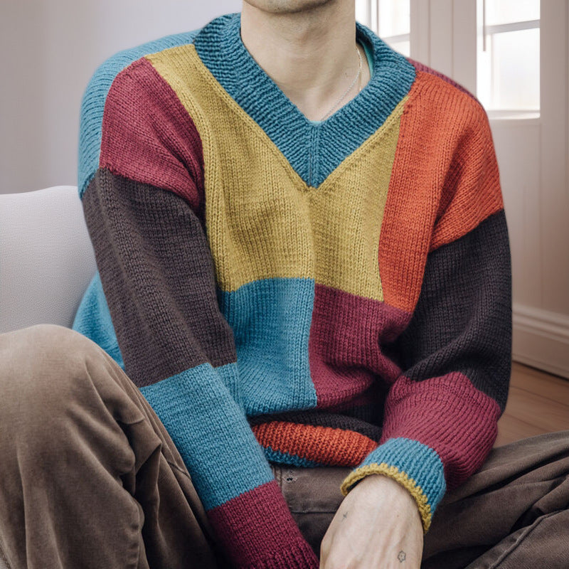 Herren gemusterter Pullover mit Farbblockdesign und modernem V-Ausschnitt Drune