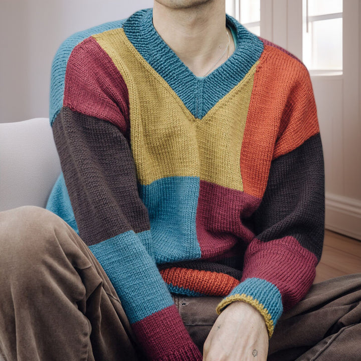 Herren gemusterter Pullover mit Farbblockdesign und modernem V-Ausschnitt Drune