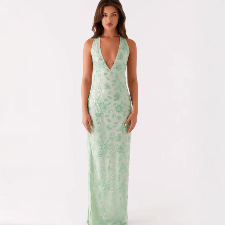 Damen Elegantes Langarmkleid mit floralem Spitzenüberzug und tiefem V-Ausschnitt Drune