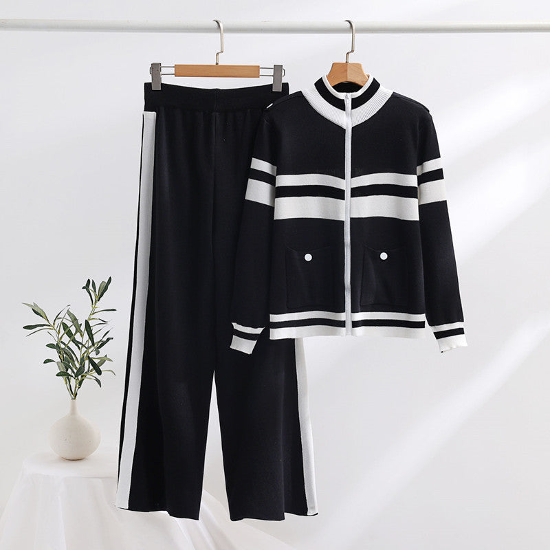 Damen sportliches Strick-Loungewear-Set mit geripptem Design und praktischen Taschen Drune
