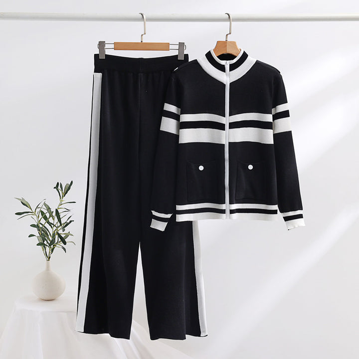 Damen sportliches Strick-Loungewear-Set mit geripptem Design und praktischen Taschen Drune