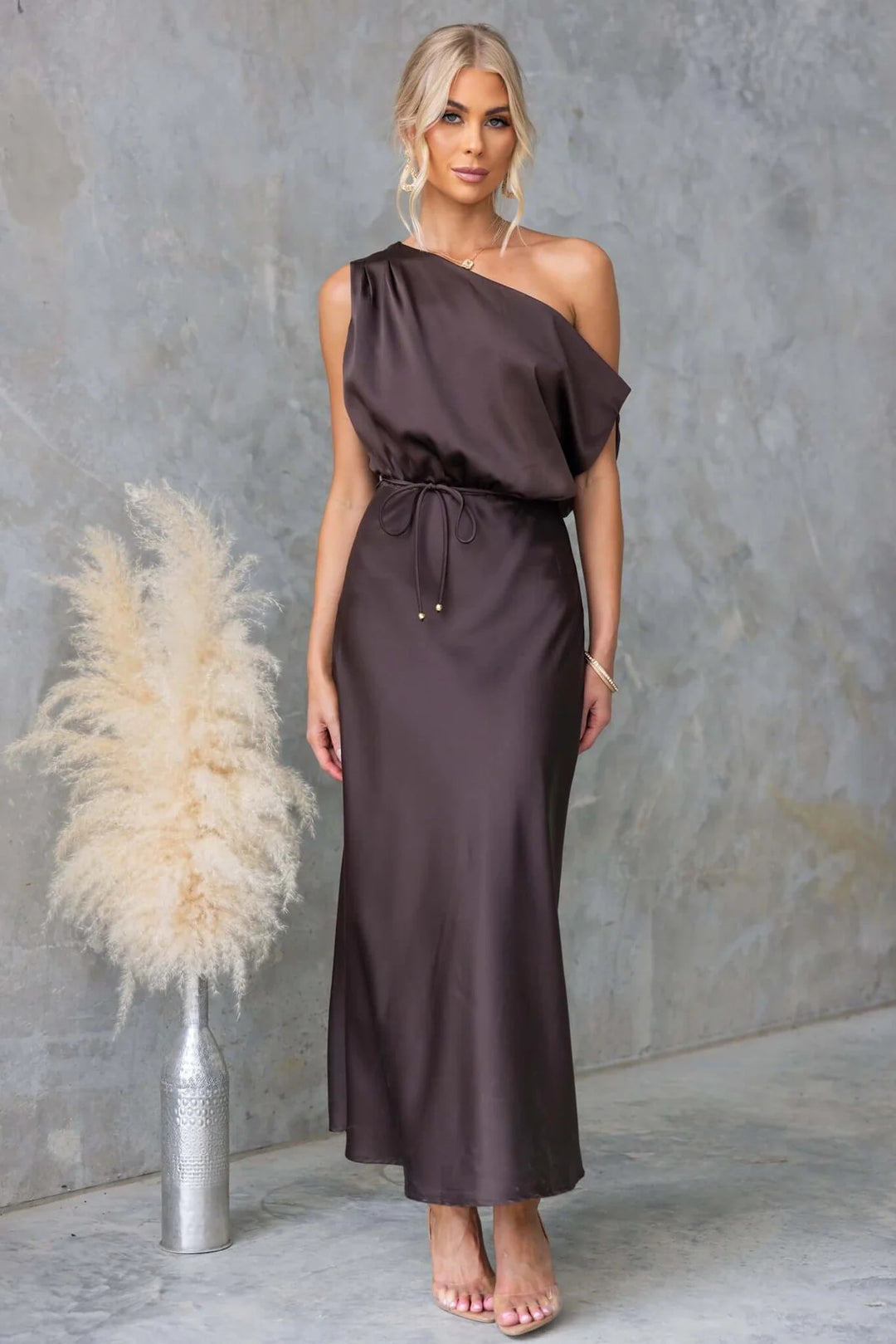 Damen Maxi-Kleid mit schulterfreiem Design und elastischem Taillenbund Drune