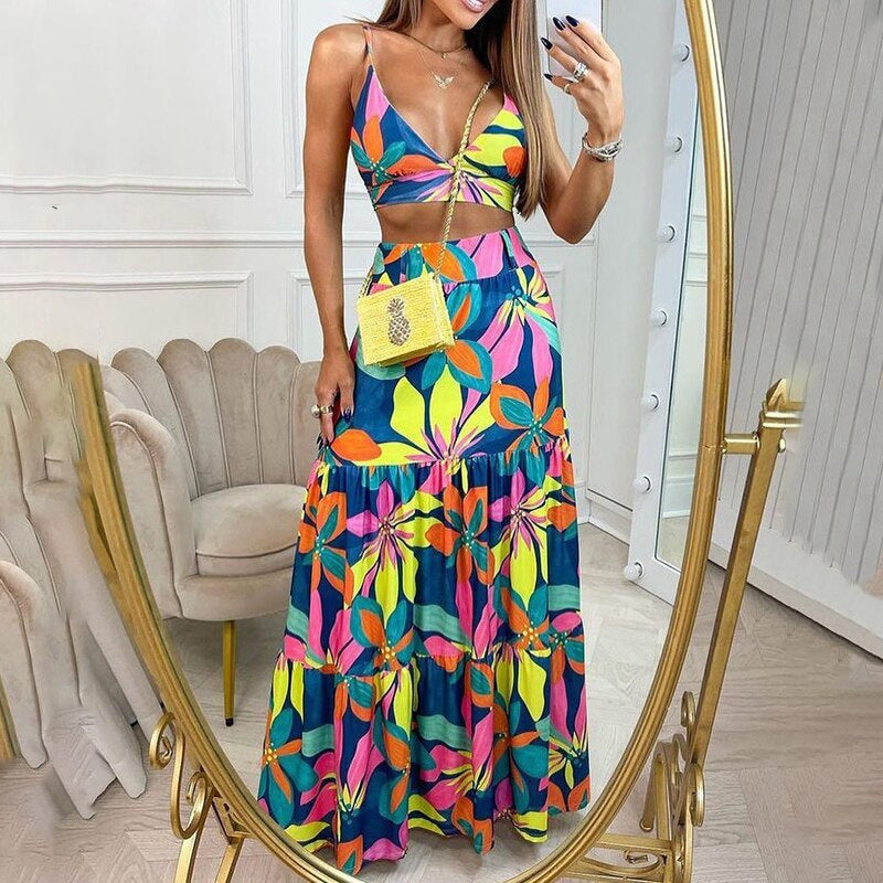 Damen Maxikleid mit floralem Design und verziertem V-Ausschnitt Drune