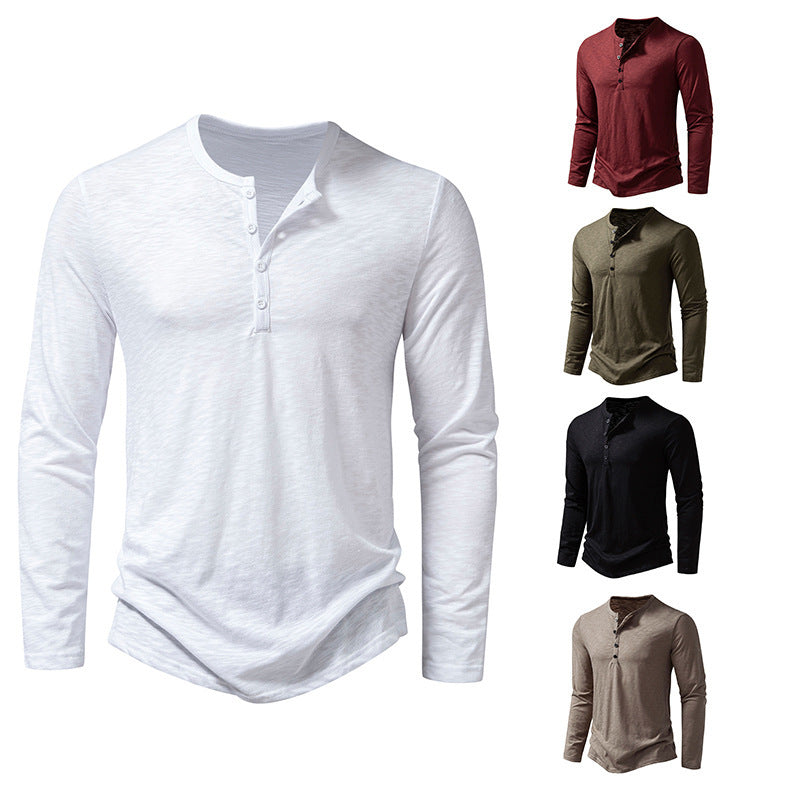 Herren Langarm-T-Shirt mit Knopfleiste und modischem Stehkragen Drune