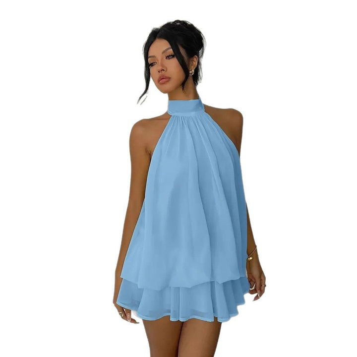 Damen luftiges Wickelkleid mit elegantem Stehkragen und fließendem Saum Drune