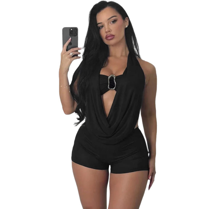 Damen Elegantes Jumpsuit mit tiefem V-Ausschnitt und dekorativem Ringdetail Drune