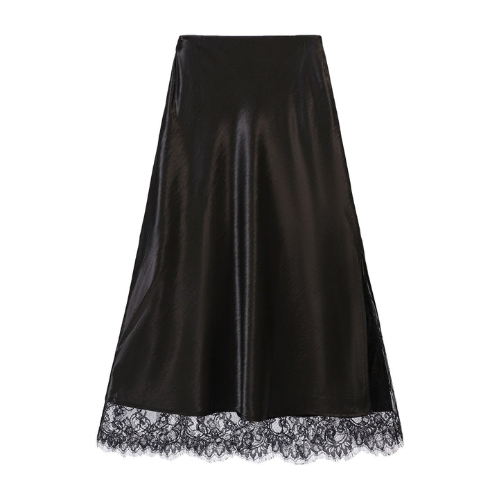 Damen nan ausgestellter Satin-Midirock mit feiner Spitzenunterlage und nahtlosem Taillenbund Drune