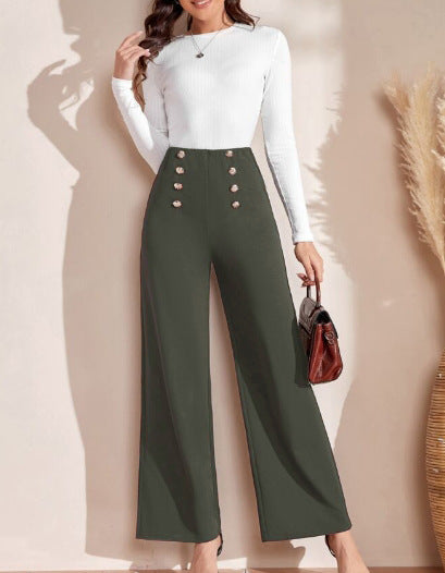 Damen Hochwaisted Weite Hose mit dekorativen Knöpfen Drune