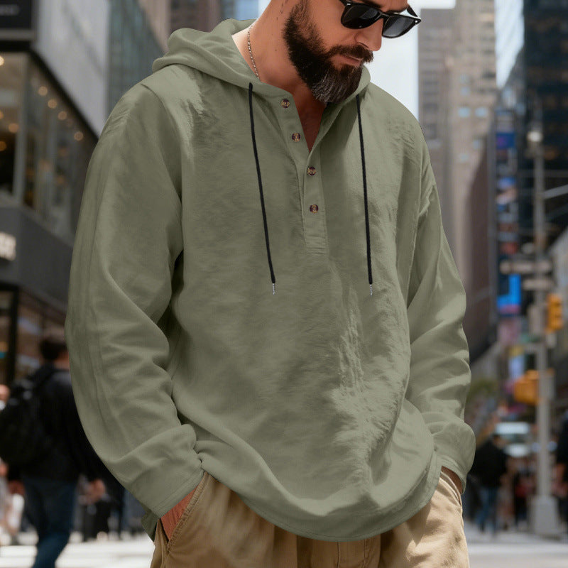 Herren nan legeres Henley-Kapuzenhemd mit Knopfleiste, Kordelzug und gerundetem Saum Drune