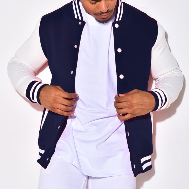Herren sportliche Collegejacke mit kontrastierenden Ärmeln und Druckknöpfen Drune