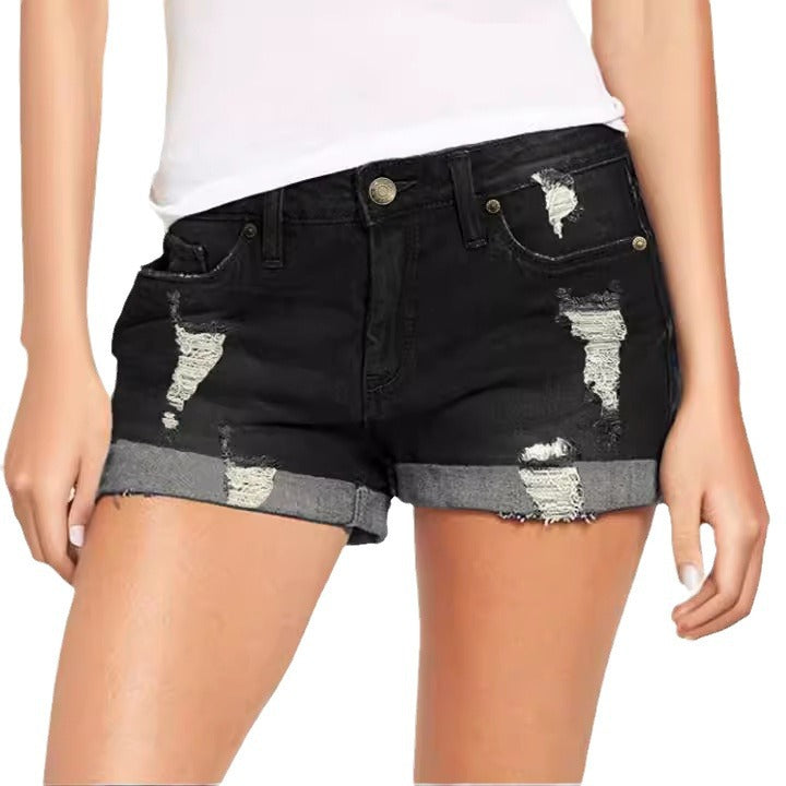 Damen modische Destroyed Denim-Shorts mit umgeschlagenem Saum Drune