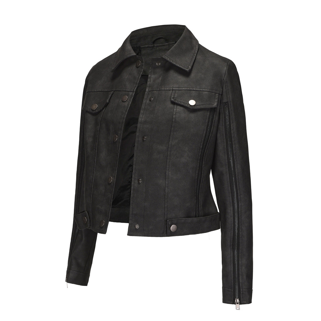 Damen modische Shortjacke aus Kunstleder mit Reißverschlussdetails Drune