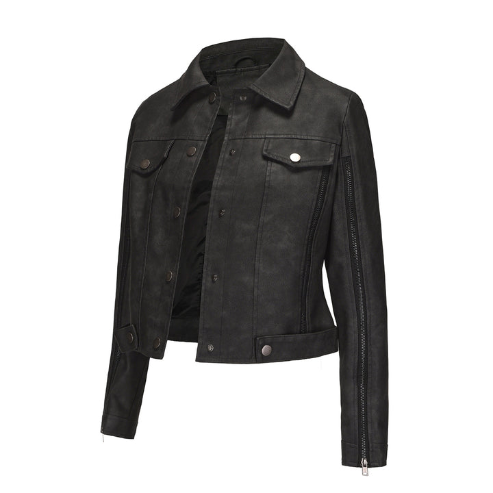 Damen modische Shortjacke aus Kunstleder mit Reißverschlussdetails Drune