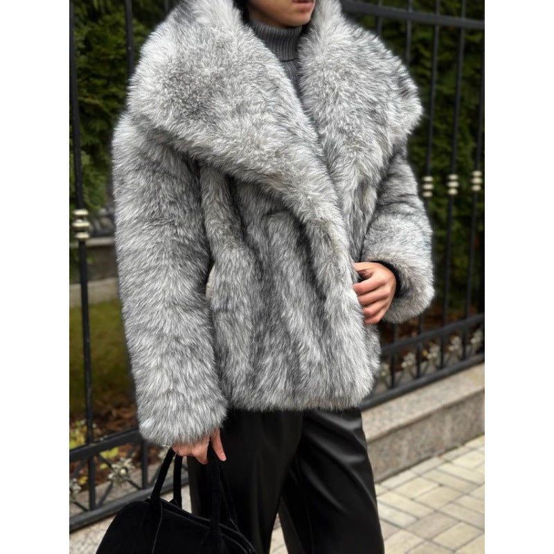 Damen Kunstpelzjacke mit voluminösem Kragen und lockerer Passform Drune