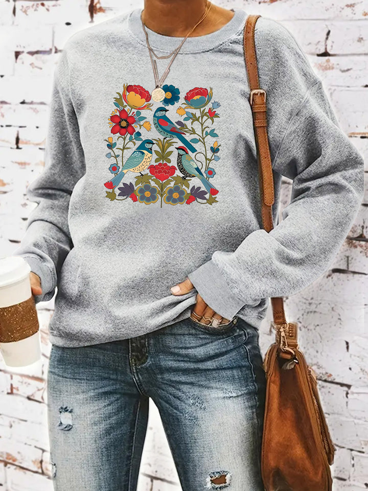 Damen Sweatshirt mit floralem Vogelmotiv und lässigem Schnitt Drune