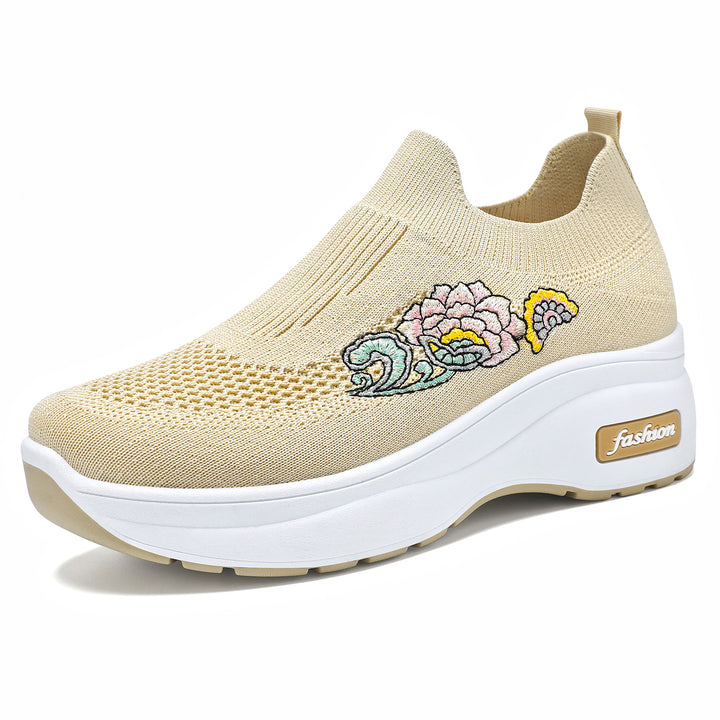 Damen nan elastischer Strick-Slipper mit aufgesticktem Blumenmotiv und stützender Keil-Laufsohle Drune