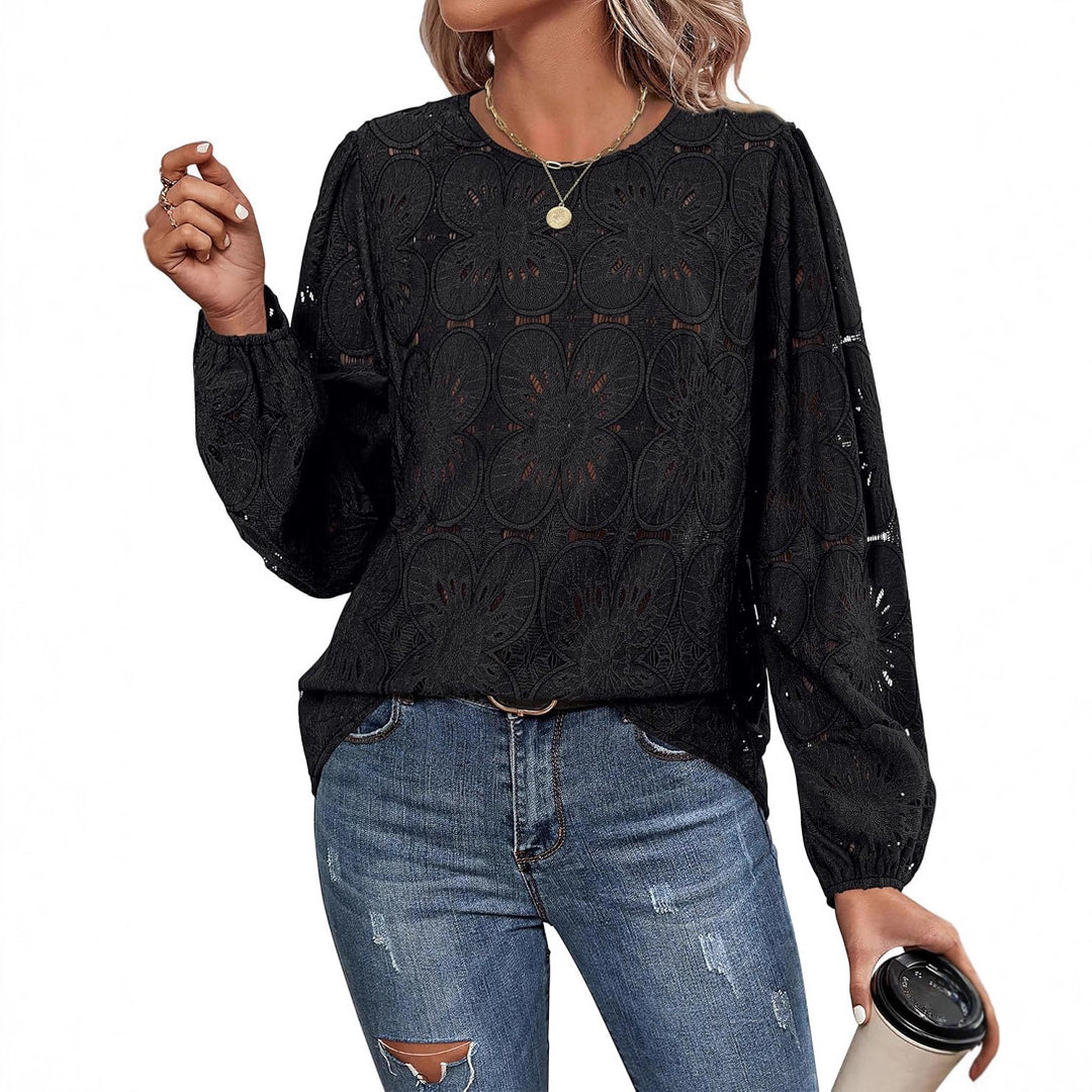 Damen Stilvolles Blusenshirt mit floralem Lochmuster und weiten Ärmeln Drune
