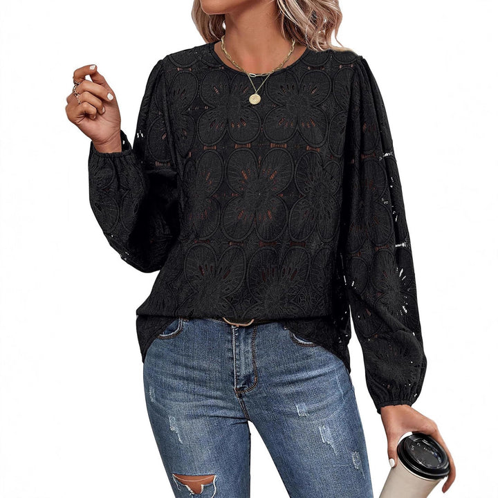 Damen Stilvolles Blusenshirt mit floralem Lochmuster und weiten Ärmeln Drune