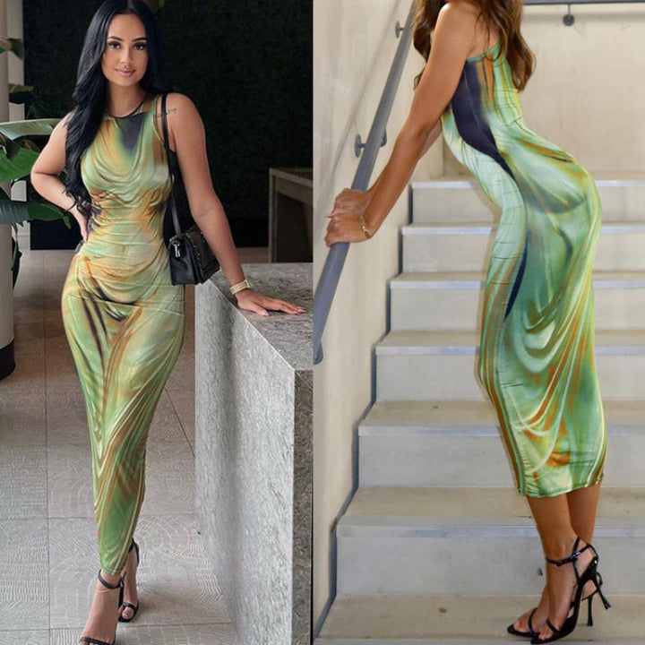 Damen Figurbetontes Maxikleid mit elegantem Grafikdruck und raffinierten Trägern Drune