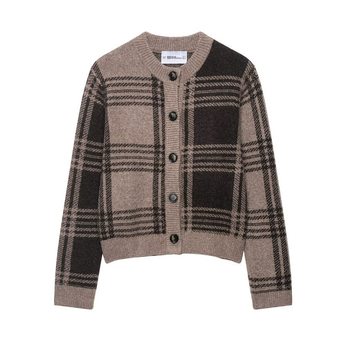 Damen modische Strickjacke mit Karomuster und Knopfdetails Drune