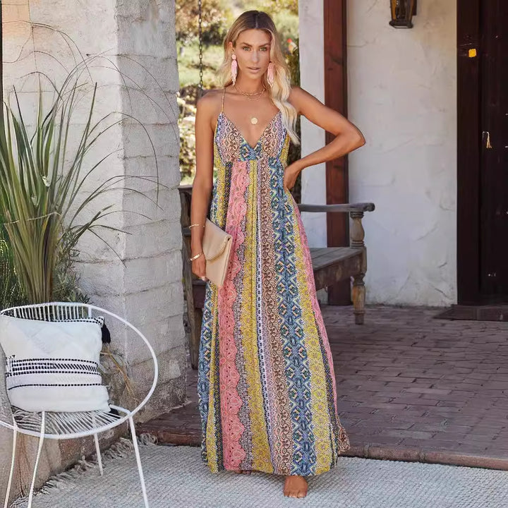 Damen Maxikleid mit einzigartigem Multi-Muster und verstellbaren Spaghettiträgern Drune