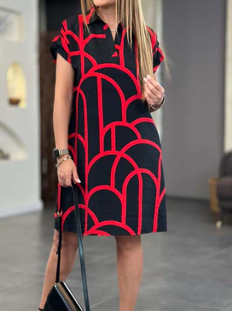 Damen nan legeres Hemdblusenkleid mit V-Ausschnitt, kurzen Umschlagärmeln und grafischem Alloverprint Drune