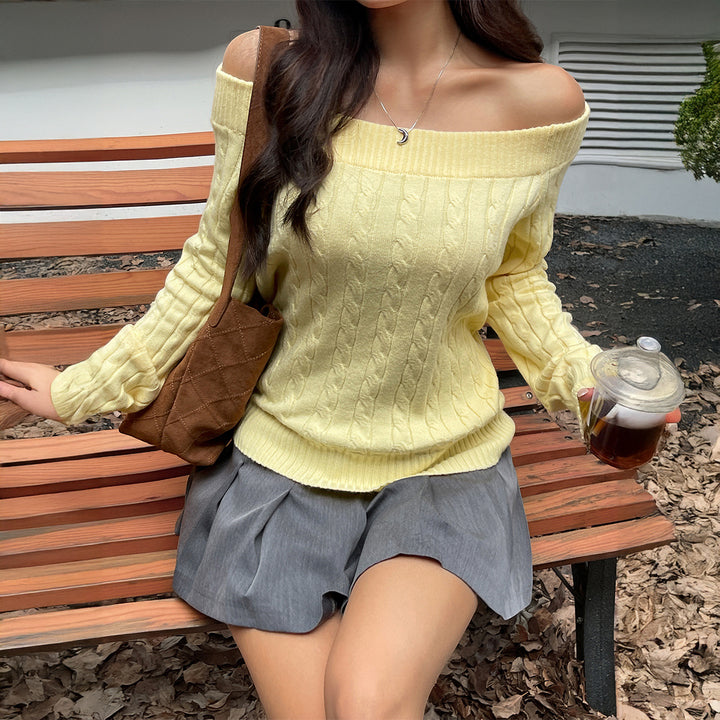 Damen Eleganter Off-Shoulder Pullover mit feinem Zopfmuster Drune