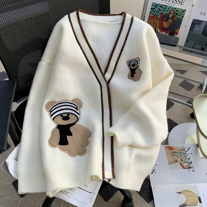 Damen Strickjacke mit Bärenapplikationen und Kontrastdetails Drune